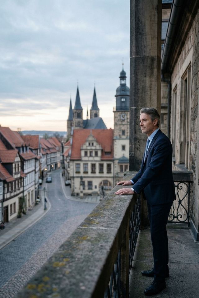 Kommunale Verantwortliche mit Blick über eine deutsche Innenstadt bei Morgenlicht