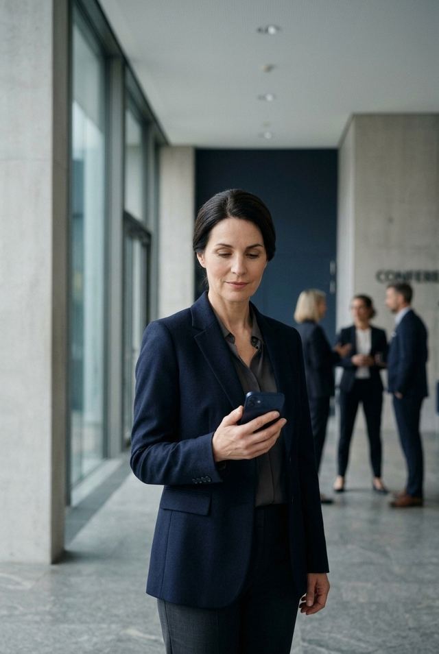 Person des öffentlichen Lebens sieht auf dem Smartphone eine relevante öffentliche Entwicklung