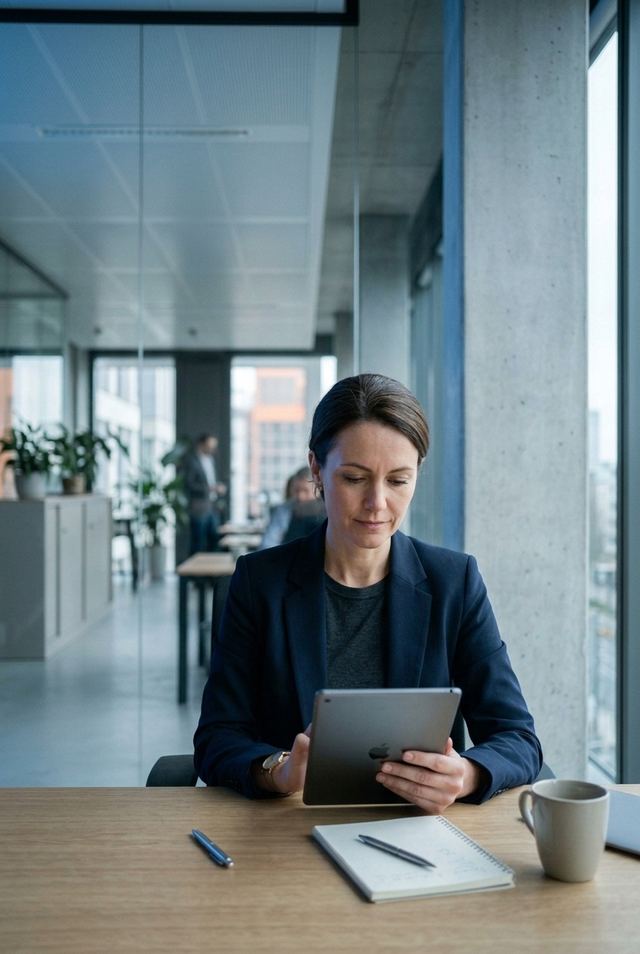 Kommunikationsverantwortlicher in modernem Unternehmensumfeld, ruhig konzentriert